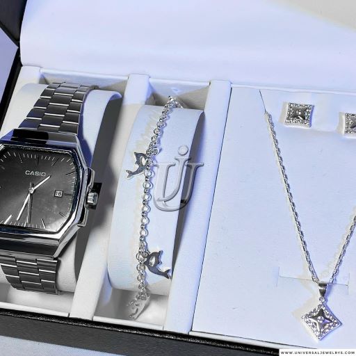 Casio silver watch with sterling silver necklace and bracelet